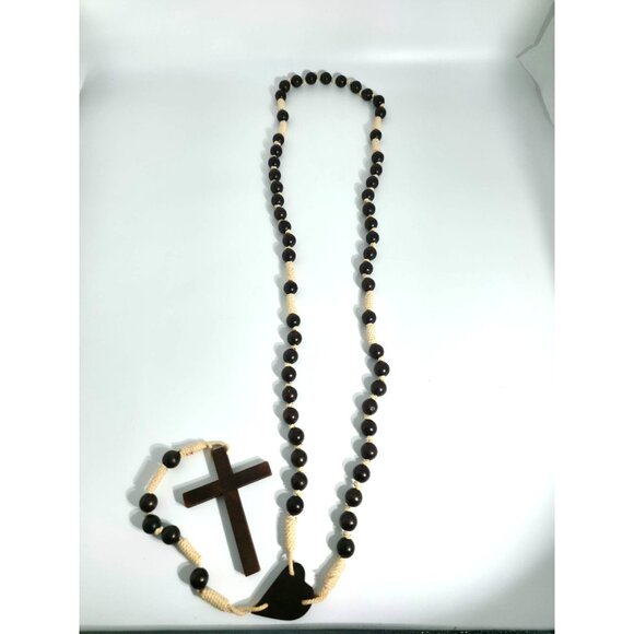 Handcrafted Wooden Rosary Necklace With Heart & Cross Design - Picture 6 of 8